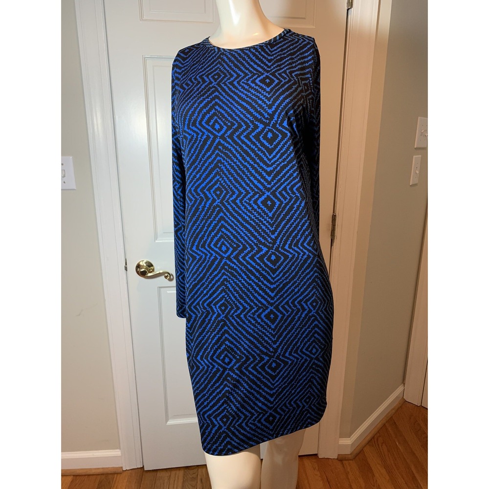 Michael Michael Kors Blue Black  Abstract Design Long Sleeved Zippered Dress Med
